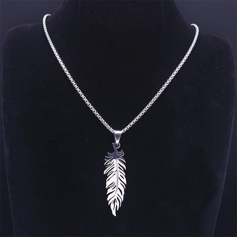 Ketting en hanger veer in roestvrij staal zilver