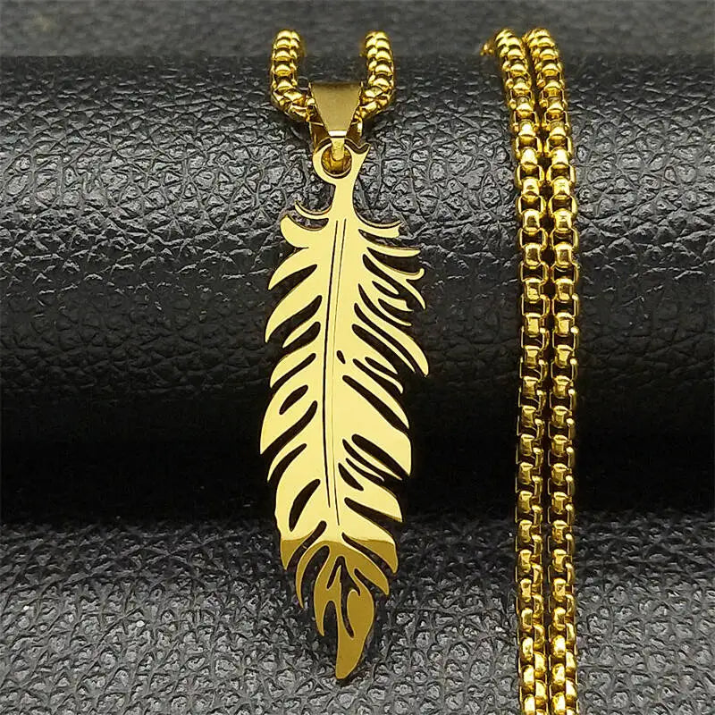 Ketting en hanger veer in roestvrij staal goud