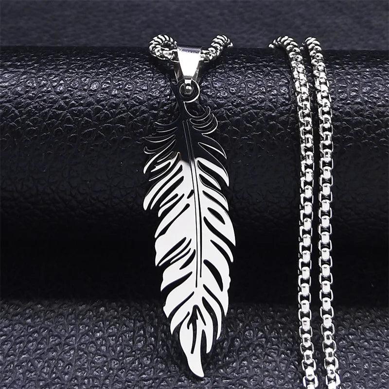 Ketting en hanger veer in roestvrij staal zilver