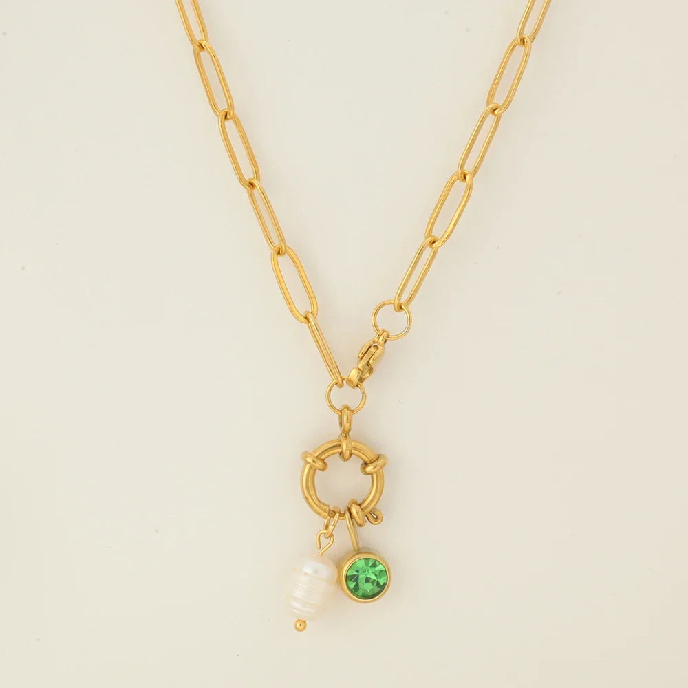Schakelketting met parelhanger en geboortesteen augustus