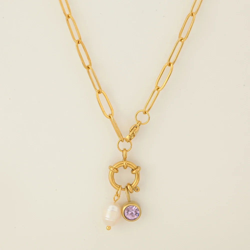 Schakelketting met parelhanger en geboortesteen februari