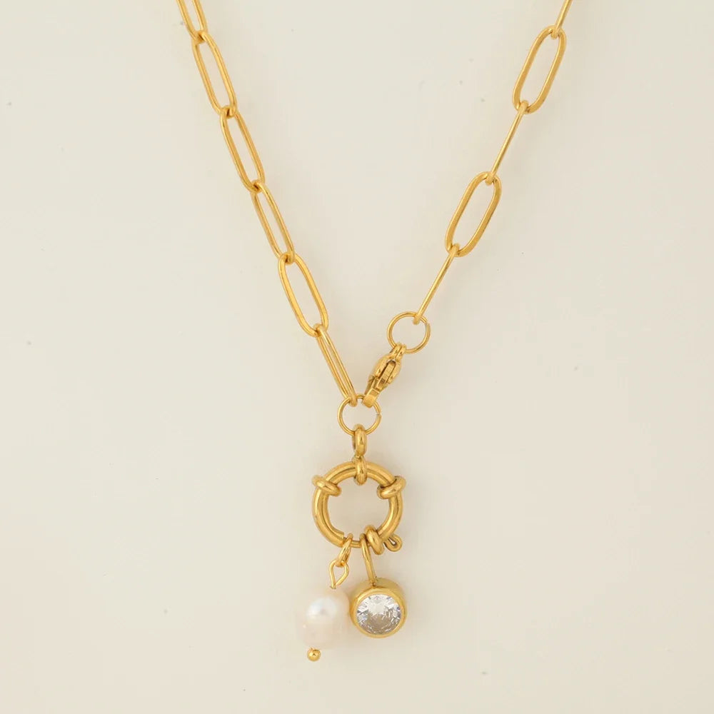 Schakelketting met parelhanger en geboortesteen maart