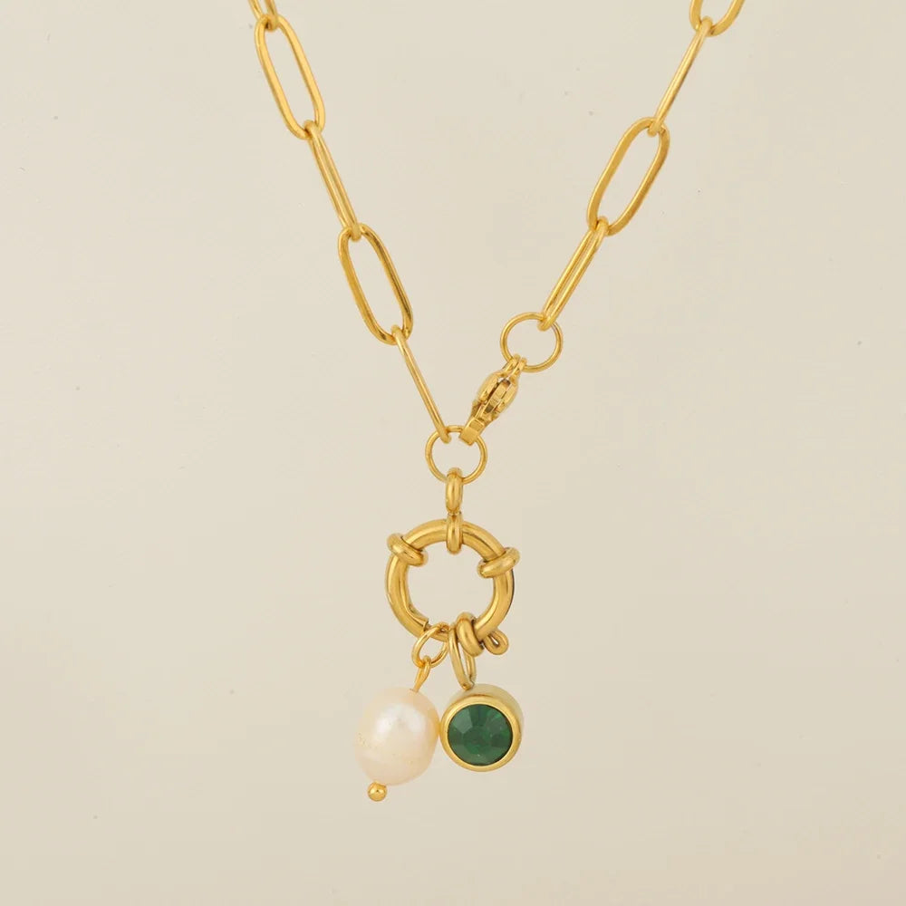 Schakelketting met parelhanger en geboortesteen mei