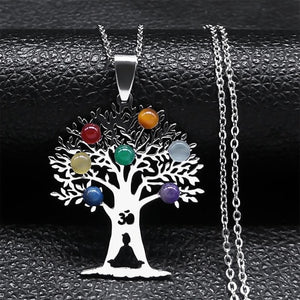 Collier Pendentif 7 Chakras Fleur Sacrée Pierres Naturelles Chaîne Homme Femme 2 argent