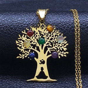 Collier Pendentif 7 Chakras Fleur Sacrée Pierres Naturelles Chaîne Homme Femme 2 or