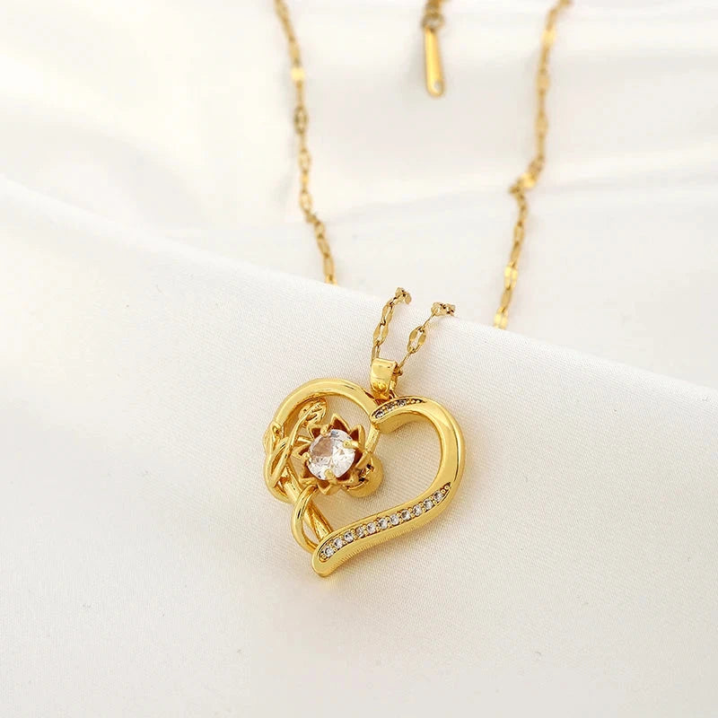 Collier Pendentif avec Coeur et Fleur Tournante Anti-Stress