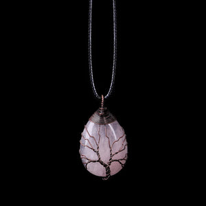 Collier Pendentif Boule Pierre Naturelle Arbre de Vie rose quartz