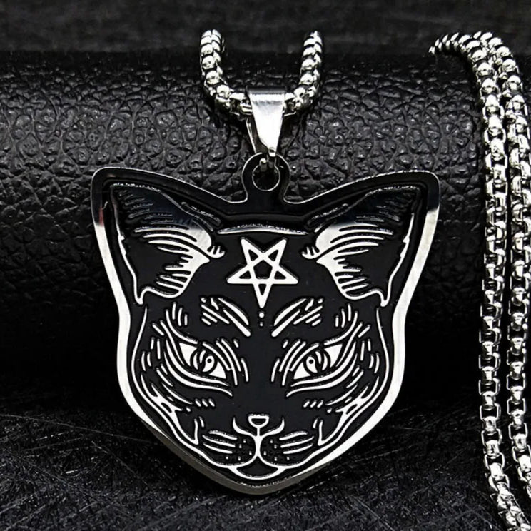 Collier Pendentif Chat Noir Pentacle Sorcellerie Wiccan