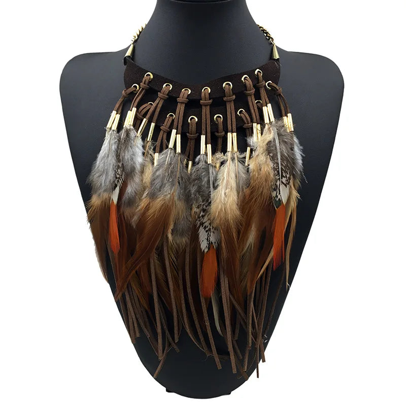 Collier Pendentif Ras de Cou Ethnique Plume marron