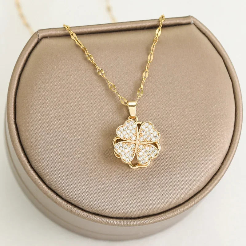 Collier Pendentif Fleur en Zircon Tournante Anti-Stress or