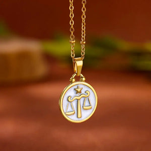 Collier Pendentif Or et Blanc Signe du Zodiaque 12 Constellations balance