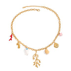 Collier Ras de Cou avec Pendentifs Corail et Coquillages Femme