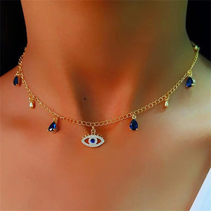 Collier Ras De Cou Avec Pendentif Mauvais Oeil Bleu Turc Strass Et Perles or