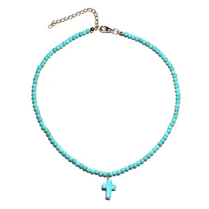 Collier Ras de Cou Pendentif Croix Pierre Naturelle Femme bleu