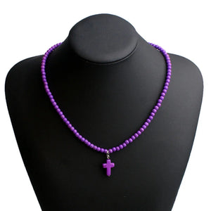 Collier Ras de Cou Pendentif Croix Pierre Naturelle Femme violet