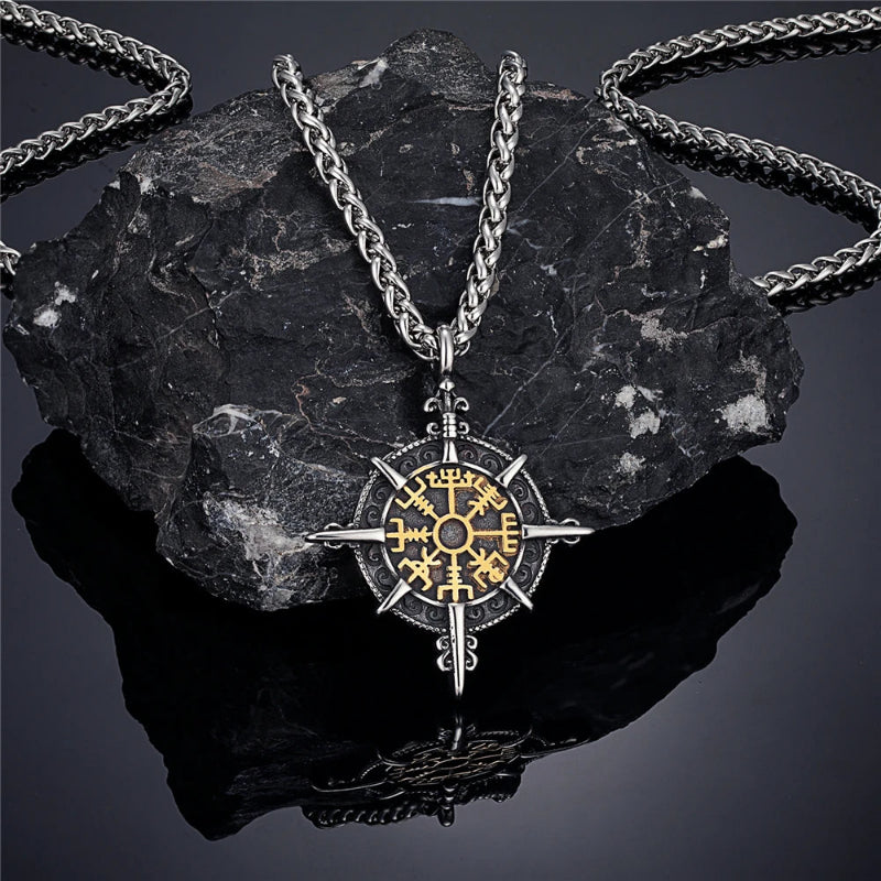 Collier Viking avec Pendentif Compas Vegvisir or