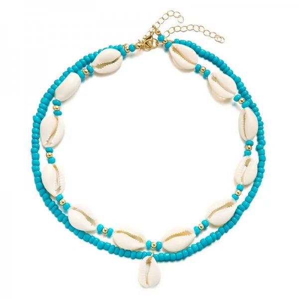 Dubbele ketting met kaurischelp turquoise