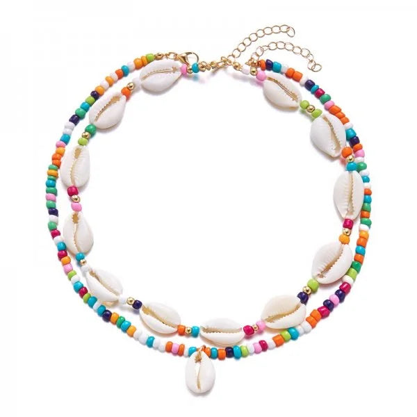 Dubbele ketting met kaurischelp multikleur