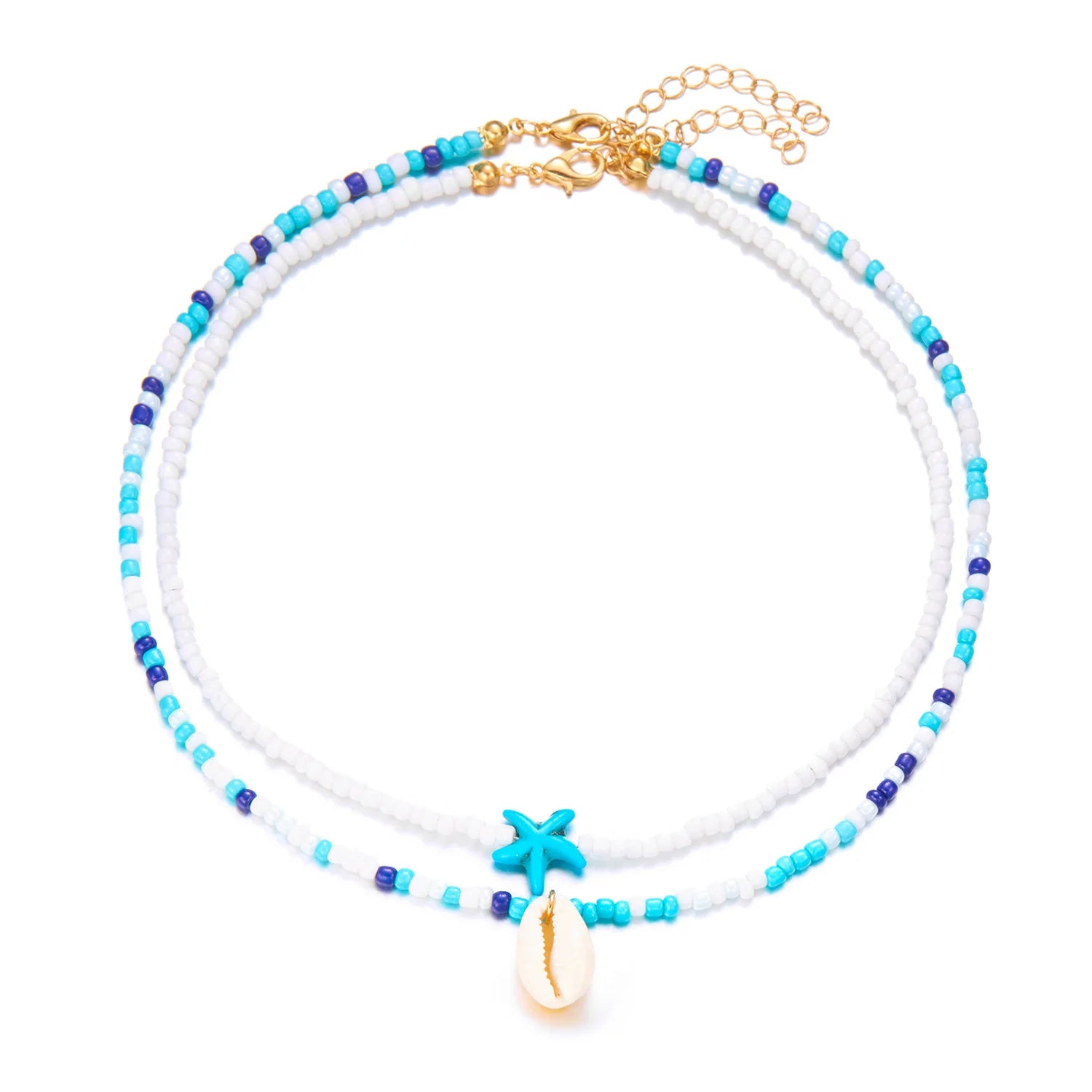 Dubbele schelpketting met gekleurde kralen in blauw ster