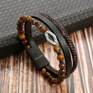 Gourmette Homme Oeil de Tigre Bracelet en Cuir marron et métal