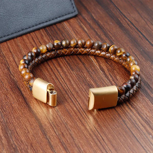 Gourmette Oeil de Tigre Bracelet en Cuir & Pierres