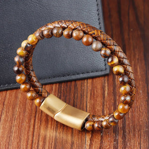 Gourmette Oeil de Tigre Bracelet en Cuir & Pierres