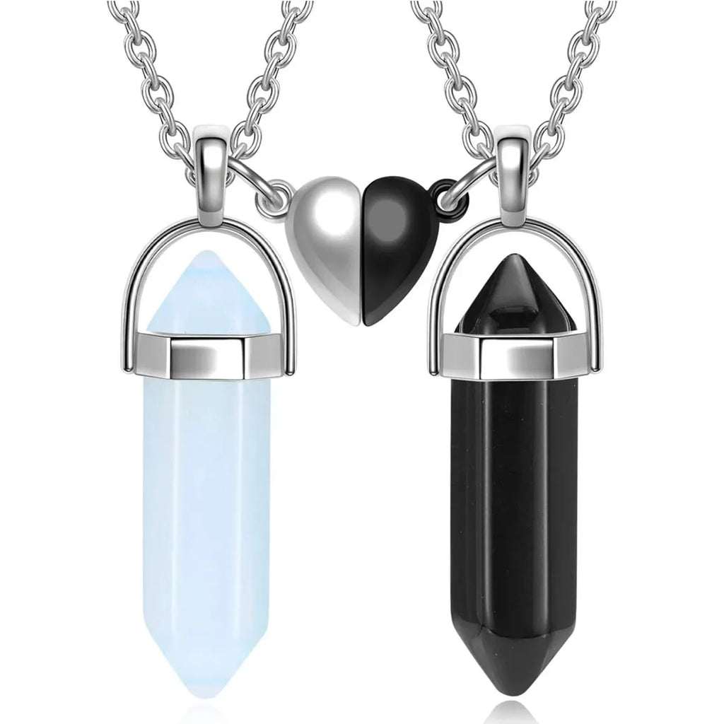 Lot de 2 Colliers avec Pendentif en Pierre pour Couple blanc et noir 1
