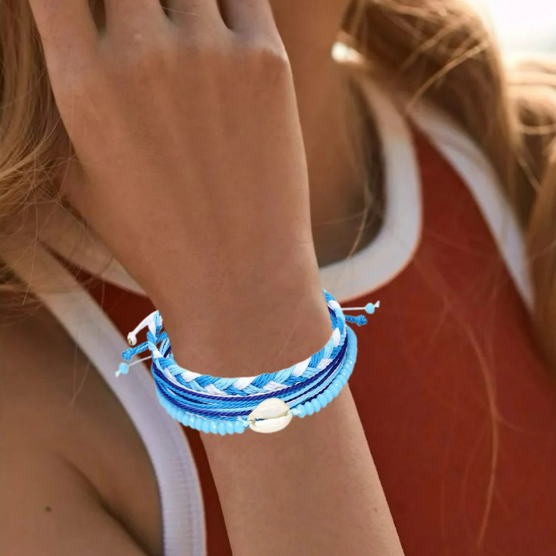 Set van 3 kleurrijke waterdichte Braziliaanse armbanden turquoiseblauw