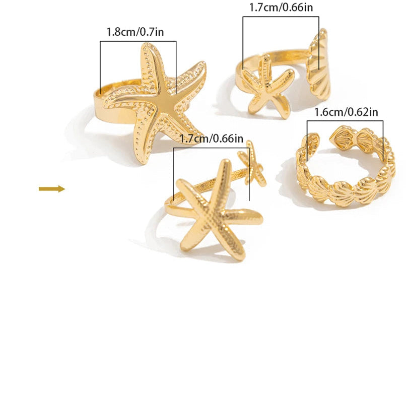 Set van 4 schelp- en zeester-ringen