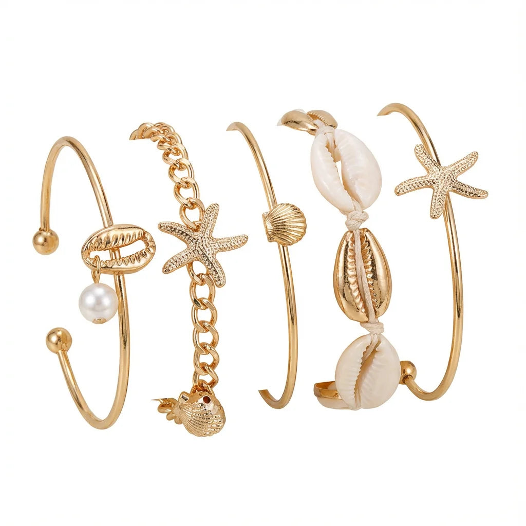Set van 5 gouden schelp- en sterarmbanden