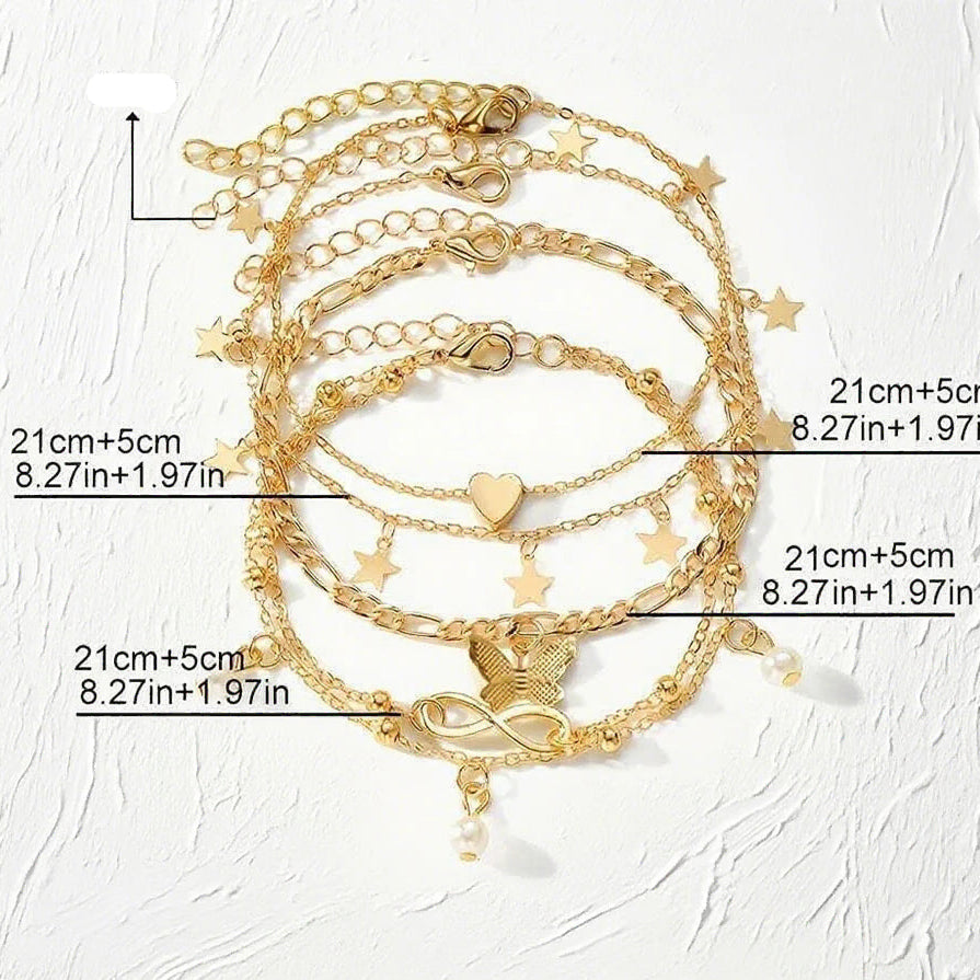 Set van 5 enkelbandjes: ster, oneindig, vlinder, kralen en hart