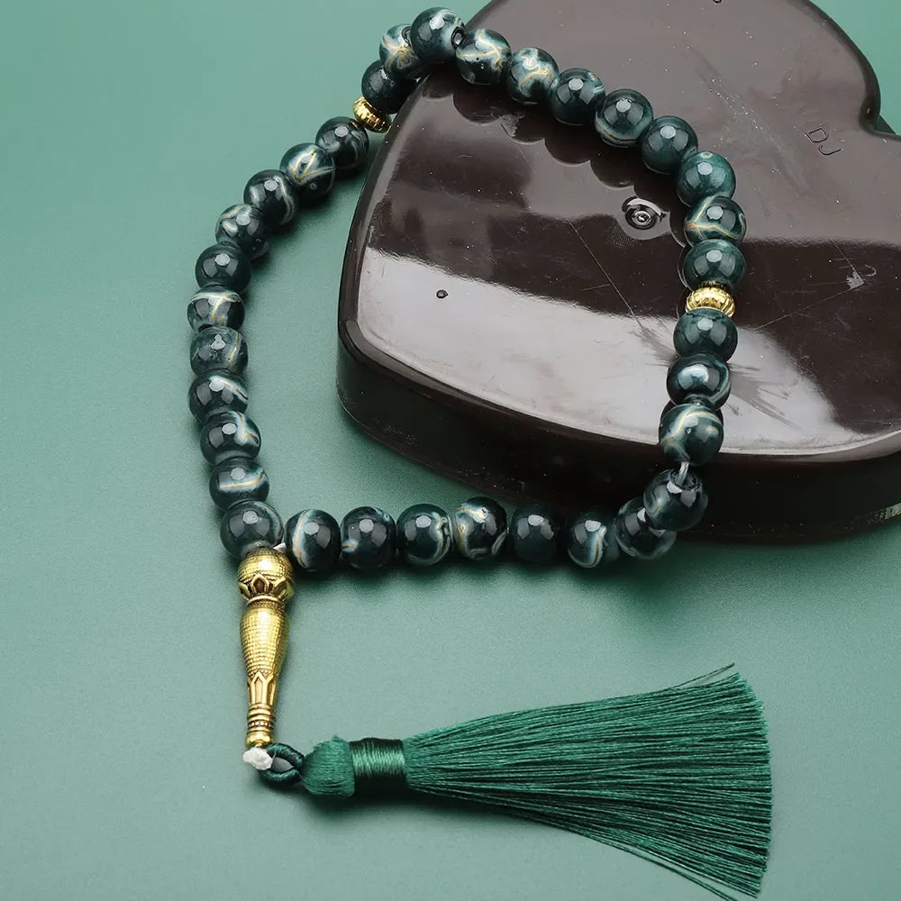 Tasbih Lang 33 zwarte kralen - groene moslimgebedsketting
