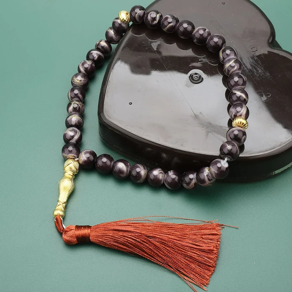 Tasbih Lang 33 zwarte kralen - paarse moslimgebedsketting