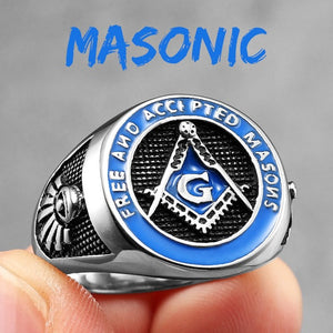 Bague Chevalière Franc Maçonnerie Anneau Homme bleu argent