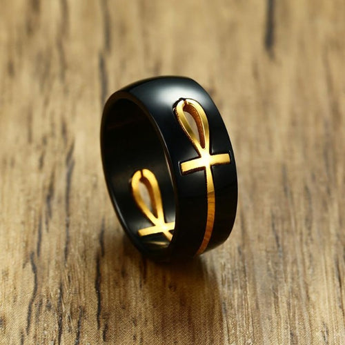 Ring met Egyptisch Kruis Motief zwart en goud