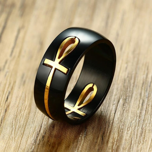 Ring met Egyptisch Kruis Motief Zwart en Goud