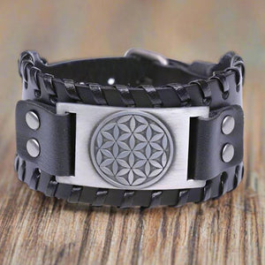 Bracelet Fleur de Vie En Cuir Homme noir