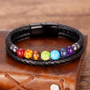 Bracelet 7 Chakras En Cuir Homme Femme noir